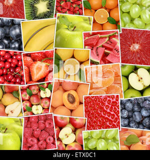 Obst-Früchte-Hintergrund mit Äpfeln, Orangen, Zitronen, Bananen und Erdbeeren Stockfoto