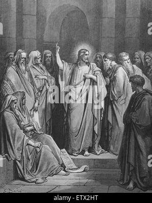 Neuen Testaments. Christus in der Synagoge. Matthäus 13:54, 55. Stich von Gustave Dore. des 19. Jahrhunderts. Stockfoto