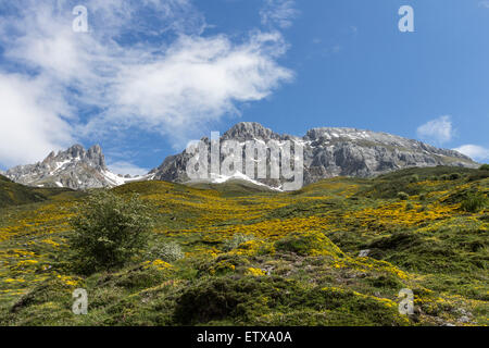 Die Picos de Friero Berge gesehen von der PR 15 Pfad über das Dorf von Santa Marina de Valdeón Picos de Europa-Spanien Stockfoto