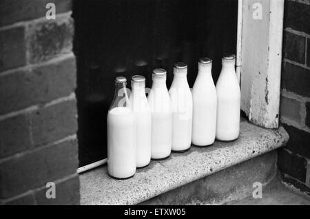 Milchflaschen auf Tür, Ladywood, Birmingham, 15. August 1977. Stockfoto