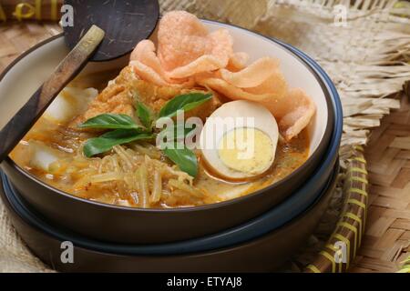 Javanischen vegetarisches Gericht der Reiskuchen in der würzige Kokosnuss Suppe mit Ei, Tofu und Gemüse. Serviert mit knusprigen Kekse. Stockfoto