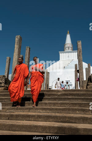 Buddhistische Mönche in Safran Roben außerhalb Ruwanwelisaya (Ruwanweli Maha Seya) Stupa, Anuradhapura, Sri Lanka Stockfoto