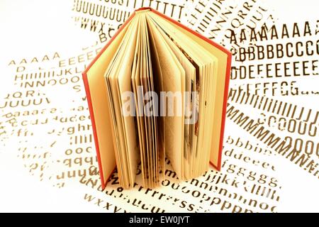 Ein Buch über ein Blatt, weiß, mit gedruckten Buchstaben gelegt. Stockfoto