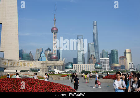 Huangpu Park Shanghai Pudong Stadt Skyline Oriental Pearl TV Tower, Jin Mao Tower, World Financial Center, Huangpu-Fluss Stockfoto