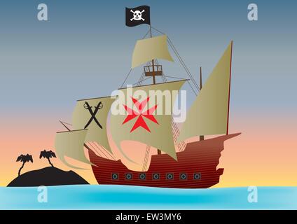 Ein Piratenschiff Segeln vorbei an einer einsamen Insel bei Sonnenuntergang Stock Vektor