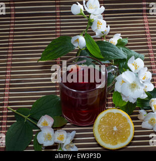 rote Tee mit Zweigen von den blühenden Busch geschmückt Stockfoto