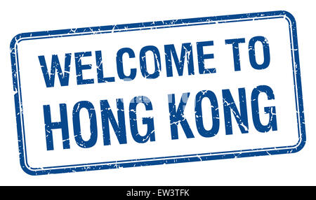 Willkommen Sie bei Hong Kong blau Grunge quadratische Stempel Stockfoto