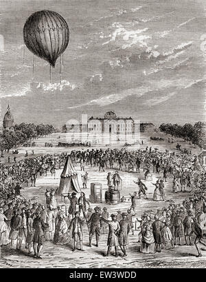 Die weltweit erste Wasserstoff Ballon, über die Champs de Mars, Paris, Frankreich im Jahre 1783 gestartet.  Von Nicolas-Louis Robert und Professor Jacques Charles ins Leben gerufen. Stockfoto