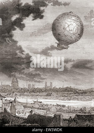 Die erste untethered Ballonfahrt, von Jean-François Pilâtre de Rozier und Marquis d'Arlandes am 21. November 1783 in einem Montgolfier-Ballon. Stockfoto