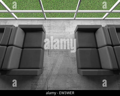 Abstrakte Interieur, konkrete Büro Raum mit Fenstern und schwarzen Ledersofas Fragment, grünen Rasen wachsen außerhalb. 3D illustration Stockfoto