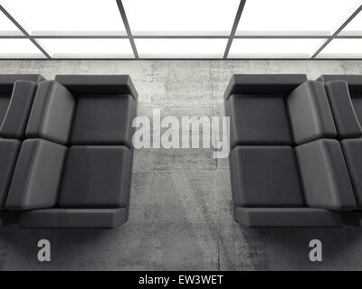 Abstrakte Interieur, konkrete Büroraum mit weißen Fenstern und schwarzen Ledersofas, 3d illustration Stockfoto