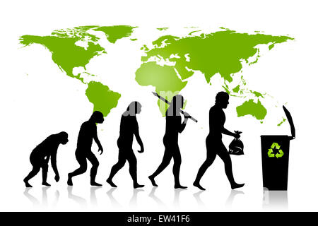 Ökologie - Recycling-Evolution mit der Evolution des Menschen, Mülleimer und Karte der Erde im Hintergrund. Stockfoto