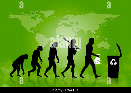 Ökologie - Recycling-Evolution mit der Evolution des Menschen, Mülleimer und Karte der Erde im Hintergrund. Stockfoto