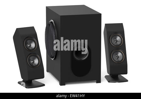 Lautsprecher mit Subwoofer System 2.1 isoliert auf weißem Hintergrund Stockfoto