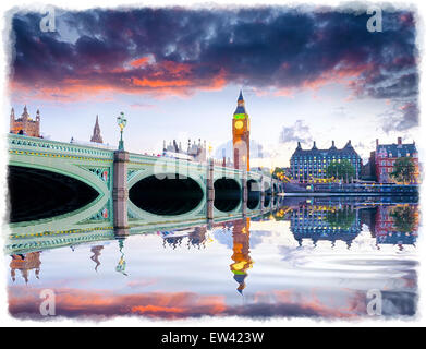 Abenddämmerung am Westminster Bridge und Big Ben in London Stockfoto