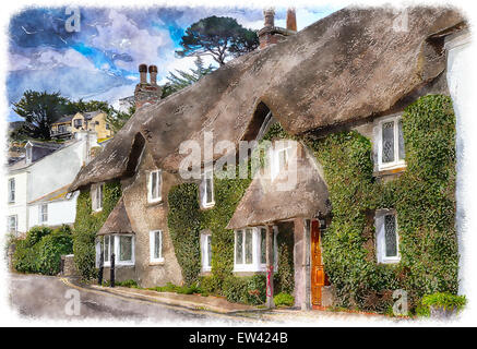 Ziemlich strohgedeckten Hütten am Meer Stadt von St Mawes in der Nähe von Falmouth in Cornwall Stockfoto