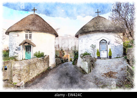 Schöne reetgedeckte Häuser in Veryan auf die Roseland Halbinsel in Cornwall Stockfoto