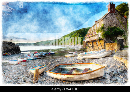 Boote im Hafen von Clovelly eines historischen Fischerdorfes an der Devon-Erbe-Küste Stockfoto