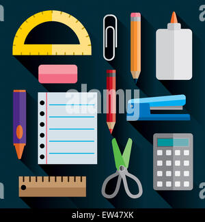 Eine Reihe von Büro- und Schulbedarf Verbrauchsmaterialien in einfache flache Design dargestellt. Stockfoto
