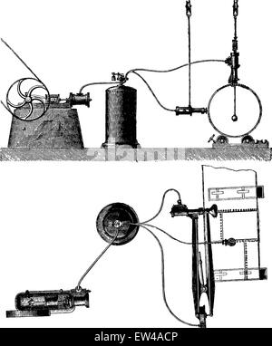 Außenansicht und die Installation eines tragbaren Druckluft nietzange Plan, Vintage eingravierten Abbildung. Industrielle Enzyklopädie E.-O. Lami - 1875. Stock Vektor