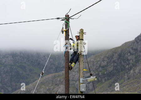 Ein Ingenieur führt Wartungsarbeiten an ein Strom Strommast im ländlichen Norden von Wales. Stockfoto