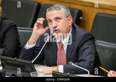 New York, großen Trends der Gestaltung der Welt von heute "am Sitz Vereinten Nationen in New York. 17. Juni 2015. Thomas Friedman, US-amerikanischer Journalist, Kolumnist und Autor, spricht bei einem Treffen am "Großen Trends gestalten die Welt von heute" am Sitz Vereinten Nationen in New York, 17. Juni 2015. Die Welt ist nicht mehr flach; die Welt ist jetzt schnell, sagte Thomas Friedman, der Autor des internationalen Bestsellers The Welt ist flach, wenn er hier am Mittwoch die großen Trends skizziert, die die heutige Welt prägen. © Li Muzi/Xinhua/Alamy Live-Nachrichten Stockfoto