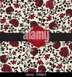 Vintage Einladungskarte mit verzierten Elegante abstrakt Floral Design, rote und schwarze Blumen auf Grau mit Band. Vector Illustration. Stock Vektor