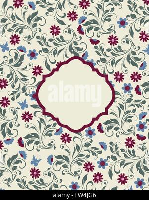 Vintage Einladungskarte mit verzierten elegante Retro abstrakt Floral Design, bunte Blumen auf hellem Hintergrund gelb mit Luftwaffe blaue Schmetterlinge. Vector Illustration. Stock Vektor