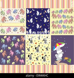 Satz von sechs 6 Kinder Party Einladungskarten mit niedlichen abstrakten Designs, Elefanten und Kaninchen. Vektor-Illustration. Stock Vektor