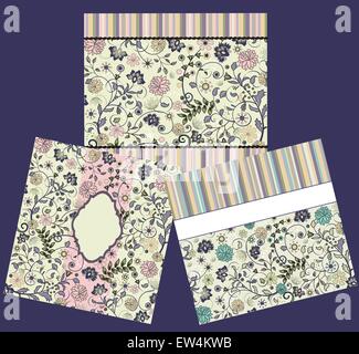 Satz von drei (3) Vintage Einladungskarte mit verzierten elegante Retro abstrakt Floral Design, bunte Blumen auf Grün und lila mit Streifen. Vector Illustration. Stock Vektor