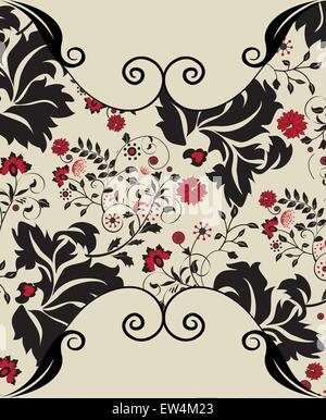 Vintage Einladungskarte mit reich verzierten eleganten abstrakten floralen Design, rote und schwarze Blumen auf grau. Vektor-Illustration. Stock Vektor