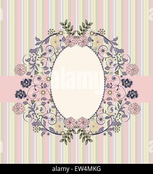 Vintage Einladungskarte mit verzierten elegante Retro abstrakt Floral Design, bunte Blumen auf Streifen mit Pink Ribbon. Vector Illustration. Stock Vektor