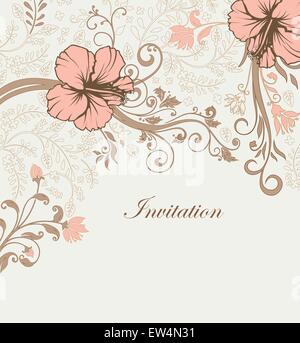 Vintage Einladungskarte mit reich verzierten eleganten Retro-abstrakten floralen Design, Pfirsich und leichte braune Blumen und Blätter auf hellen grünen Hintergrund mit Beschriftung. Vektor-Illustration. Stock Vektor