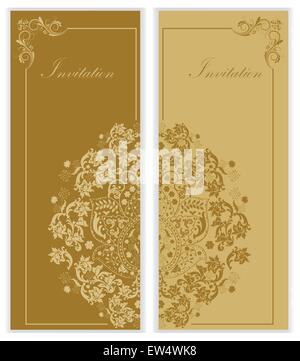 Set aus zwei (2) Vintage Einladungskarten mit verzierten elegante Retro abstrakt Floral Design, beige Blumen und Blätter auf hellbraunem Hintergrund mit Text und hellbraunen Blüten und Blättern auf hellem Licht braunen Hintergrund mit Text beschriften. Vector Illustration. Stock Vektor