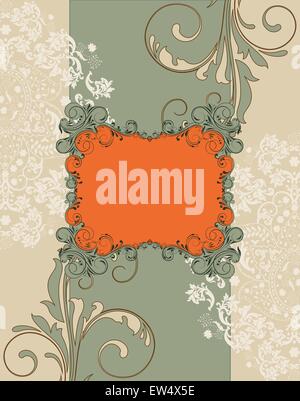 Vintage Einladungskarte mit verzierten elegante Retro abstrakt Floral Design, grünlich grau beige und weißen Blüten und Blätter auf Grünlich grau und beige Hintergrund mit Rahmen. Vector Illustration. Stock Vektor