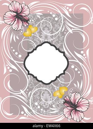 Vintage Einladungskarte mit verzierten elegante Retro abstrakt Floral Design, rosa und weißen Blüten und Blätter auf grau und rosa Hintergrund mit gelben Herzen und Plaque. Vector Illustration. Stock Vektor
