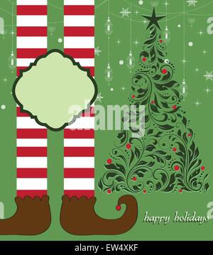 Vintage Christmas Card mit verzierten elegante Retro abstrakt Floral Design, elf Beine mit braunen Schuhen und rot-weiß gestreifte Strümpfe neben Baum mit roten Kugeln und dunkel grün Blumen und Blätter auf Laurel grüner Hintergrund mit Sternen Schneeflocken Schnee Laternen und Plaque. Vector Illustration. Stock Vektor
