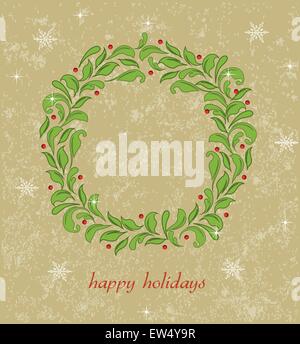 Vintage Christmas Card mit verzierten elegante Retro abstrakt Floral Design, Kranz mit grünen Blättern auf hellem Hintergrund gelb mit Schneeflocken und Beschriftung. Vector Illustration. Stock Vektor