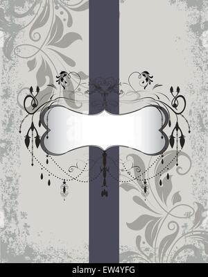 Vintage Einladungskarte mit reich verzierten eleganten Retro-abstrakten floralen Design, schwarze und graue Blumen und Blätter auf grauem Hintergrund mit Schleife und Text-Label. Vektor-Illustration. Stock Vektor