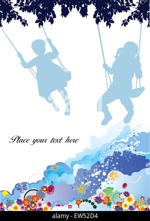 Plakat mit Silhouette von einem Mädchen auf einer Schaukel, Blumen und Wolken. Vektor-illustration Stock Vektor