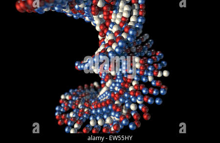 Eine mikroskopische Ansicht aus einem sequenzierten Muster von DNA-Stil rot blau-weißen Atome auf eine isolierte Hintergrund Stockfoto