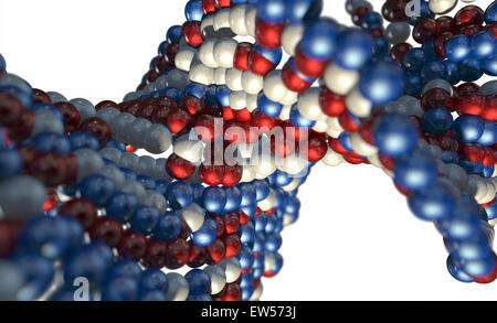 Eine mikroskopische Ansicht aus einem sequenzierten Muster von DNA-Stil rot blau-weißen Atome auf eine isolierte Hintergrund Stockfoto