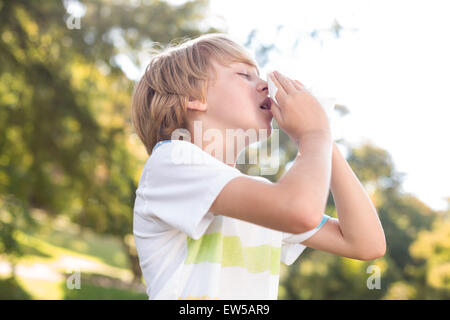 Kleiner Junge bläst seine Nase Stockfoto