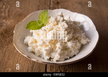 Bio Quark mit Minze in weiße Schüssel über rustikalen hölzernen Hintergrund hautnah Stockfoto