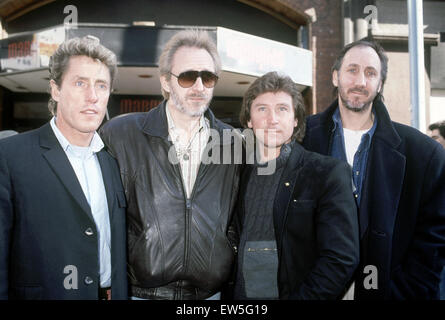 Britische Rockgruppe The Who, abgebildet im Marquee Club in London.  Von links nach rechts: Roger Daltrey, John Entwistle, Kenney Jones und Pete Townshend. 2. März 1988. Stockfoto