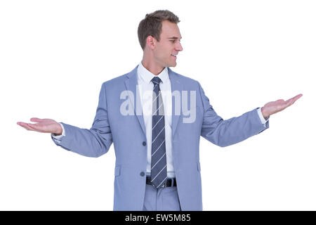 Ein Geschäftsmann mit Arme nach oben Stockfoto