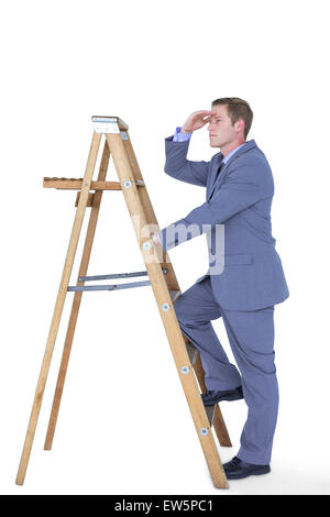 Zusammengesetztes Bild der Geschäftsmann steht auf der Leiter Suche Stockfoto