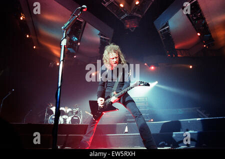 Metallica Konzert in der Arena von NEC, Birmingham. James Hetfield, Leadsänger und Gitarrist bei der Band. 4. November 1992. Stockfoto