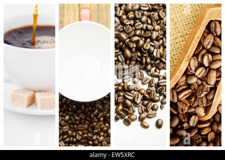 Zusammengesetztes Bild aus Waffeln Zucker und einer Tasse Kaffee auf weißen Teller Stockfoto
