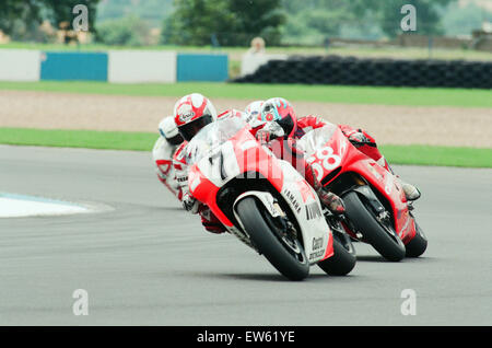 1993 Motorrad 500 CC British Grand Prix Donington Park, 1. August 1993. Nr. 68 Carl Fogarty Cagiva Motorrad racing. Stockfoto